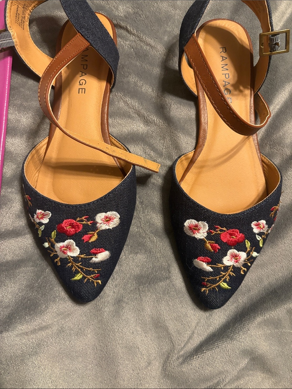 Rampage Navy Embroidered Pointed-Toe Ankle-Strap Heels